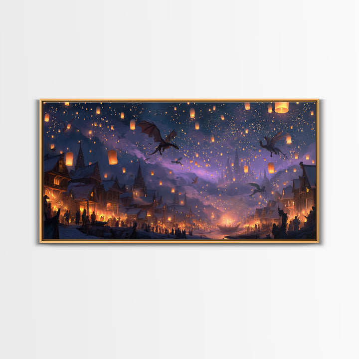 Dragon Lantern Festival Village Canvas Print, Fantasy Wall Art, Whimsical Night Sky Decor, Magical Kids Room Decor Gift Idea