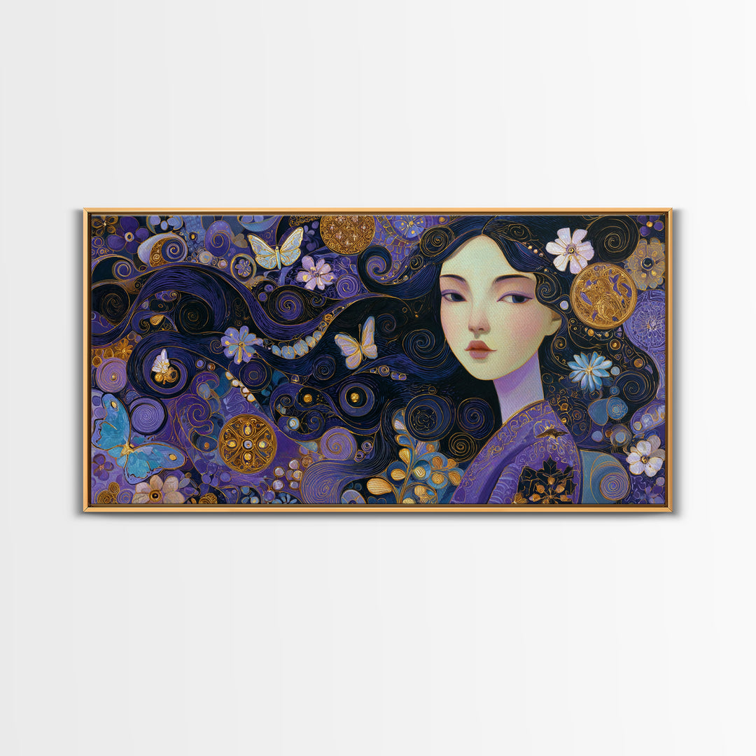 Purple Art Nouveau Woman Wall Art, Feminine Portrait Canvas Print, Butterfly Floral Decor, Gold Boho Gallery Wall Art Print