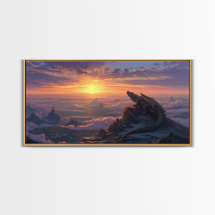 Sunset Dragon Mountain Kingdom Wall Art, Epic Fantasy Landscape Canvas, Medieval Castle Decor, Large Fantasy Art Print Gift