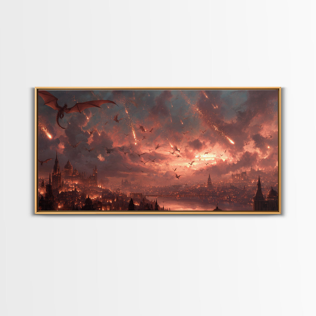Dragon Siege Over Burning City Canvas Print, Dark Fantasy Wall Art, Gothic Medieval Decor, Epic Game Room Poster Gift For Gamer