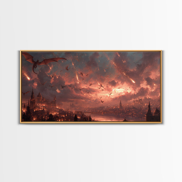 Dragon Siege Over Burning City Canvas Print, Dark Fantasy Wall Art, Gothic Medieval Decor, Epic Game Room Poster Gift For Gamer