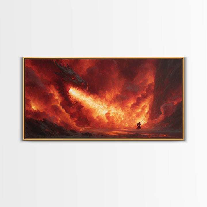 Fire Breathing Dragon In Volcanic Sky Canvas Print, Dark Fantasy Wall Art, Epic Dragon Art, Fantasy Decor, Gamer Room Decor, Large Artwork