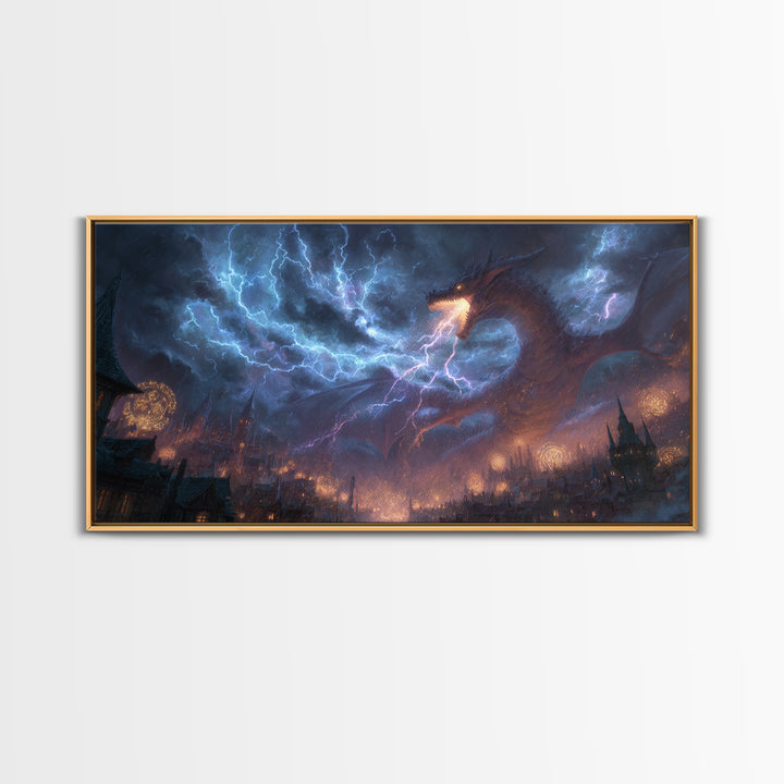 Lightning Dragon Over Gothic City Wall Art, Dark Fantasy Canvas, Stormy Castle Decor, Epic Dragon Print, Gamer Gift, Fantasy Decor