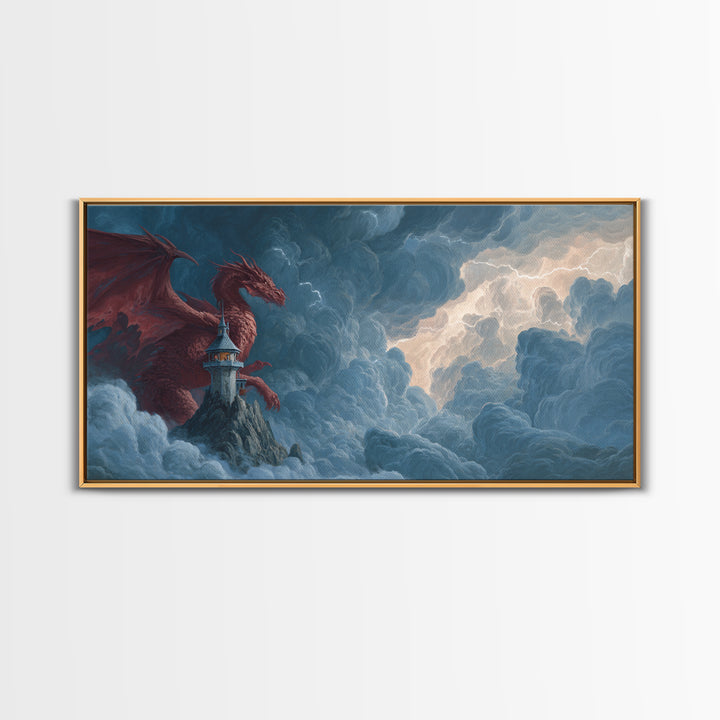 Red Dragon Lighthouse In Storm Clouds Canvas Print, Epic Fantasy Wall Decor, Mythical Creature Art, Dungeons And Dragons Gift