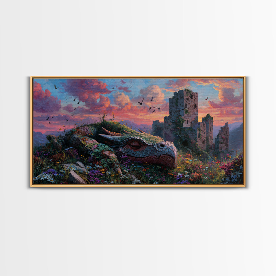 Sleeping Dragon Among Wildflowers Framed Canvas Print, Fantasy Wall Art, Whimsical Decor, Nursery Art, Enchanted Castle Art