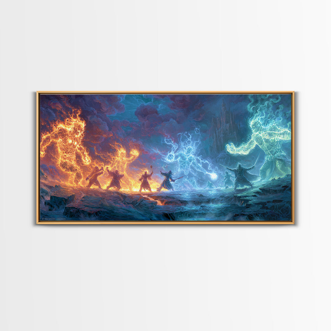 Elemental Dragon Battle Canvas Print, Fire And Ice Fantasy Wall Art, Epic Magic Warrior Decor, RPG Gamer Room Gift For Him
