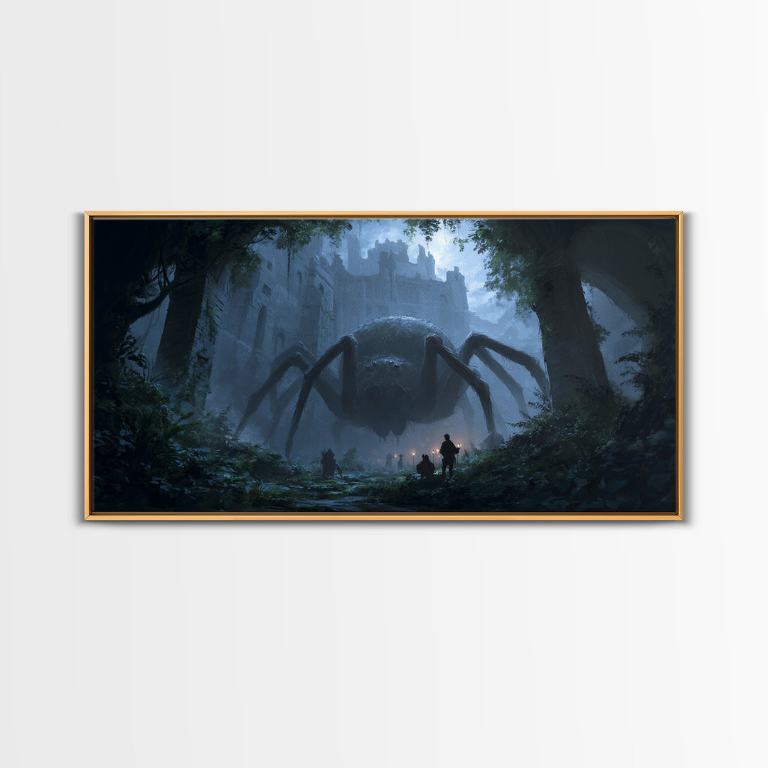 Giant Spider In Ruined Forest Canvas Print, Dark Fantasy Wall Art, Gothic Castle Decor, Creepy Dungeons And Dragons Gift