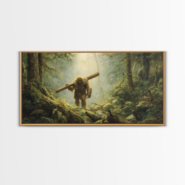Bigfoot Carrying Log Through Mossy Forest Wall Art, Whimsical Wildlife Canvas Print, Cabin Decor, Fantasy Home Decor, Unique Gift
