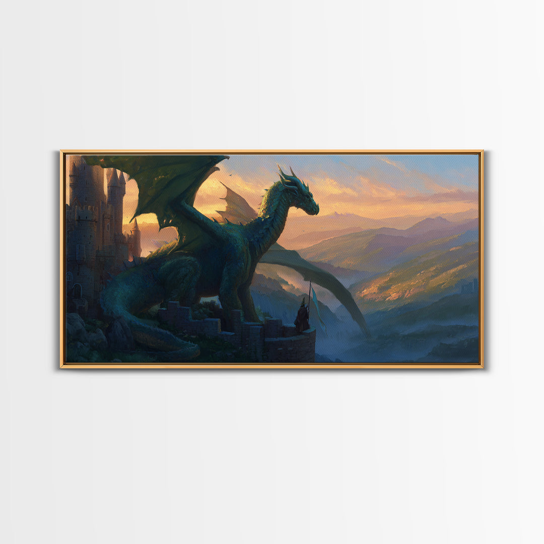 Emerald Dragon Castle Wall Art, Fantasy Landscape Canvas Print, Medieval Gothic Decor, Large Mythical Creature Artwork Gift