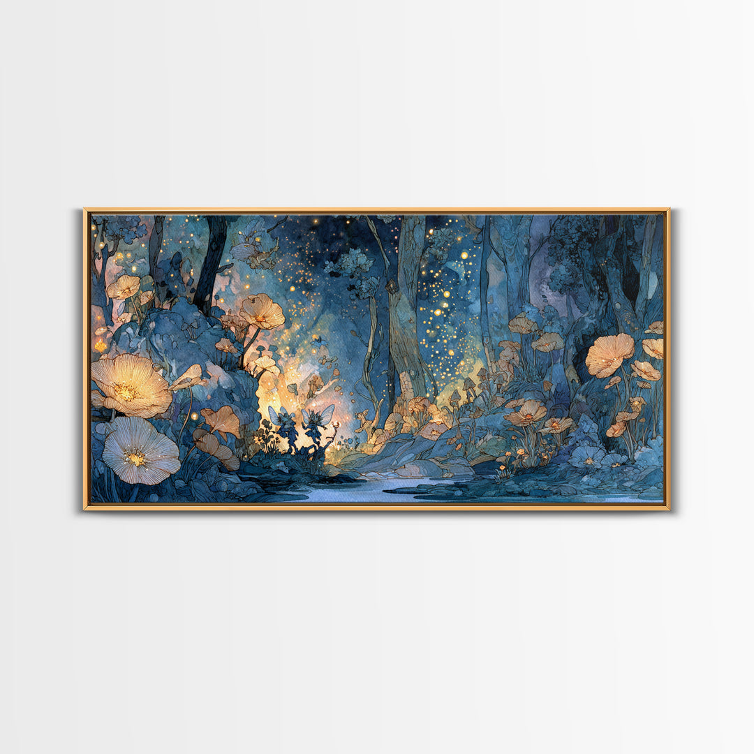 Glowing Blue Fairy Forest Canvas Print, Whimsical Floral Wall Art, Enchanted Woodland Decor, Firefly Fantasy Print, Nursery Wall Decor