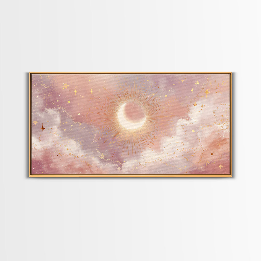 Glowing Solar Eclipse With Pink Clouds Wall Art, Celestial Canvas Print, Moon And Stars Decor, Dreamy Bedroom Decor Gift For Her