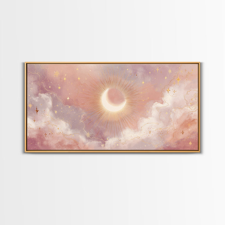 Glowing Solar Eclipse With Pink Clouds Wall Art, Celestial Canvas Print, Moon And Stars Decor, Dreamy Bedroom Decor Gift For Her