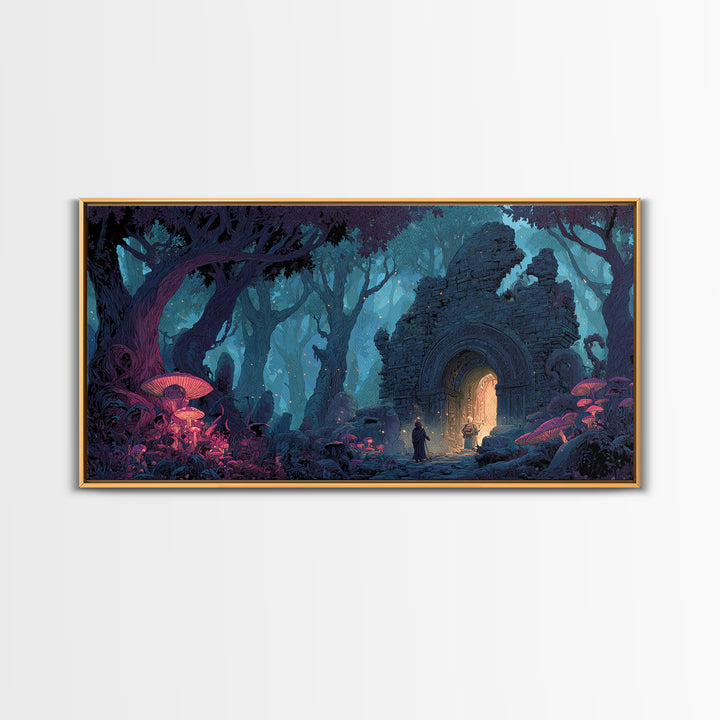 Enchanted Forest Portal Canvas Print, Mushroom Fantasy Wall Art, Magical Ruins Decor, Whimsical Fairy Tale Print For Kids Room