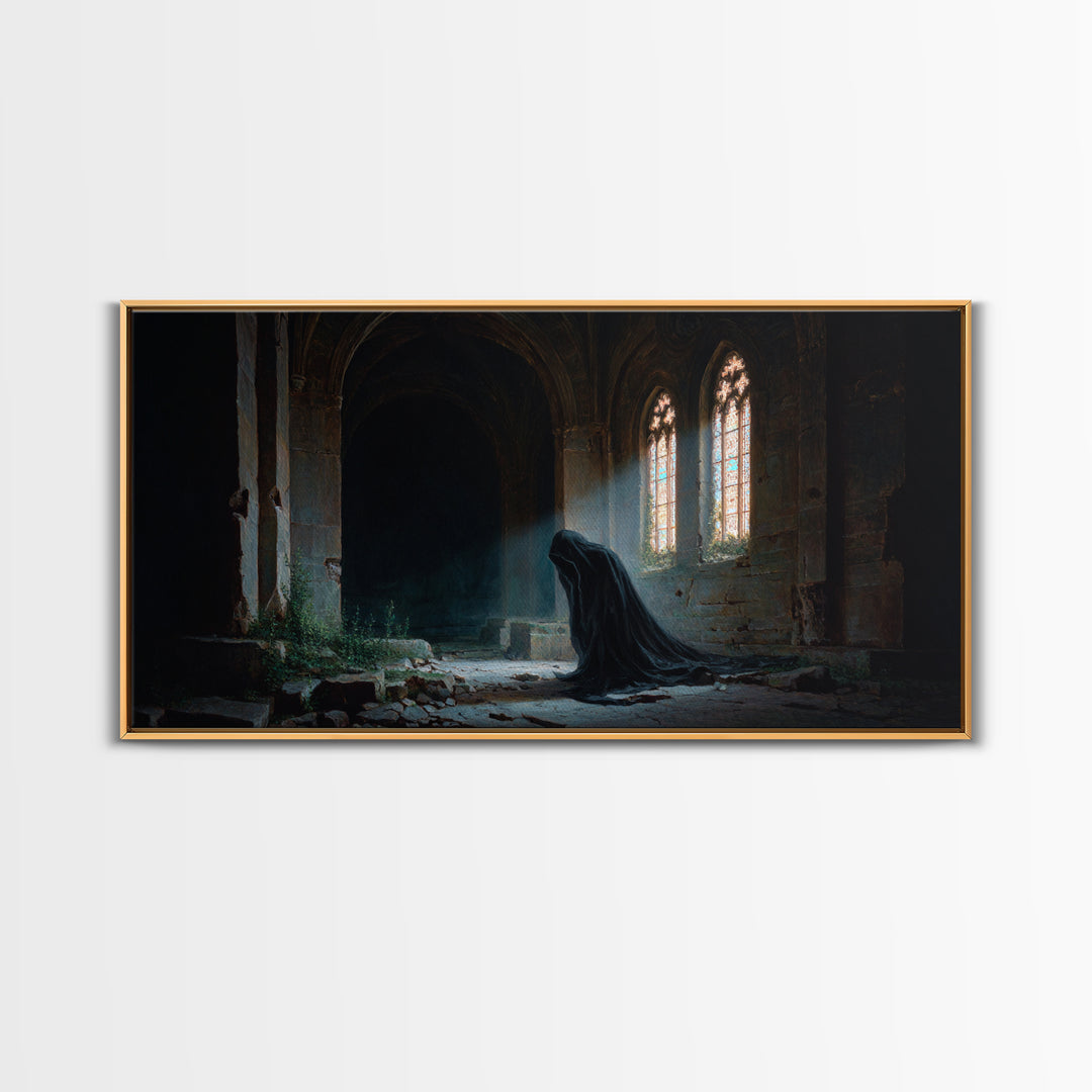Hooded Figure In Ruined Gothic Cathedral Framed Canvas Print, Dark Academia Wall Art, Moody Spiritual Decor For Home Office