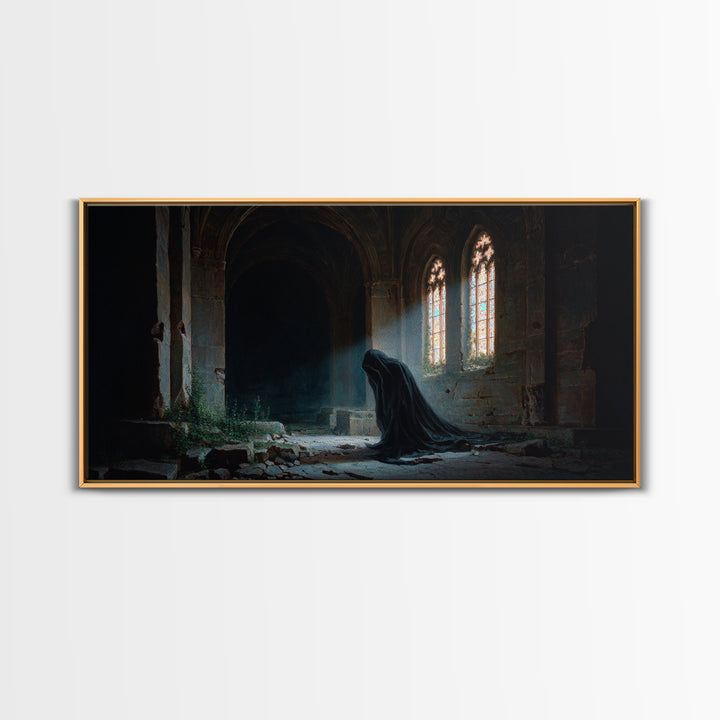 Hooded Figure In Ruined Gothic Cathedral Framed Canvas Print, Dark Academia Wall Art, Moody Spiritual Decor For Home Office