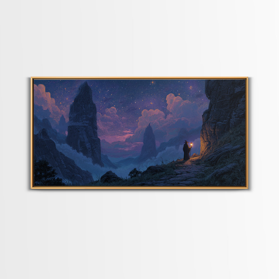 Starry Mountain Pass Canvas Print, Wizard Journey Wall Art, Fantasy Landscape Decor, Purple Night Sky Art Print For Bedroom