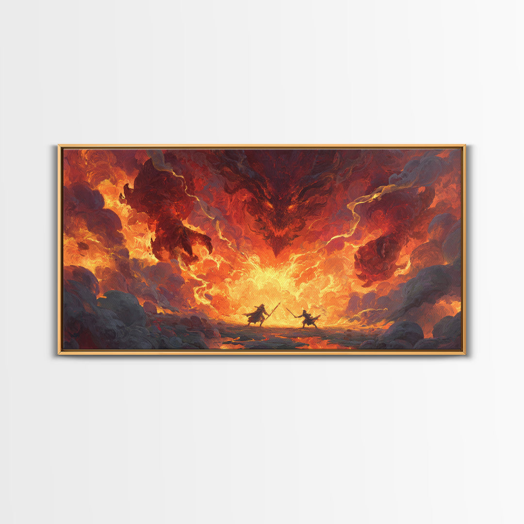 Fiery Demon Battle Scene Canvas Print, Dark Fantasy Wall Art, Dragon Artwork, Gothic Decor, Gaming Room Statement Art, Large Wall Art