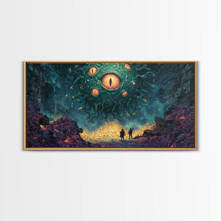 Floating Eyed Monster Over Gold Hoard Canvas Print, Dark Fantasy Wall Art, Dungeon Decor, Gaming Room Art, Gift For Gamer