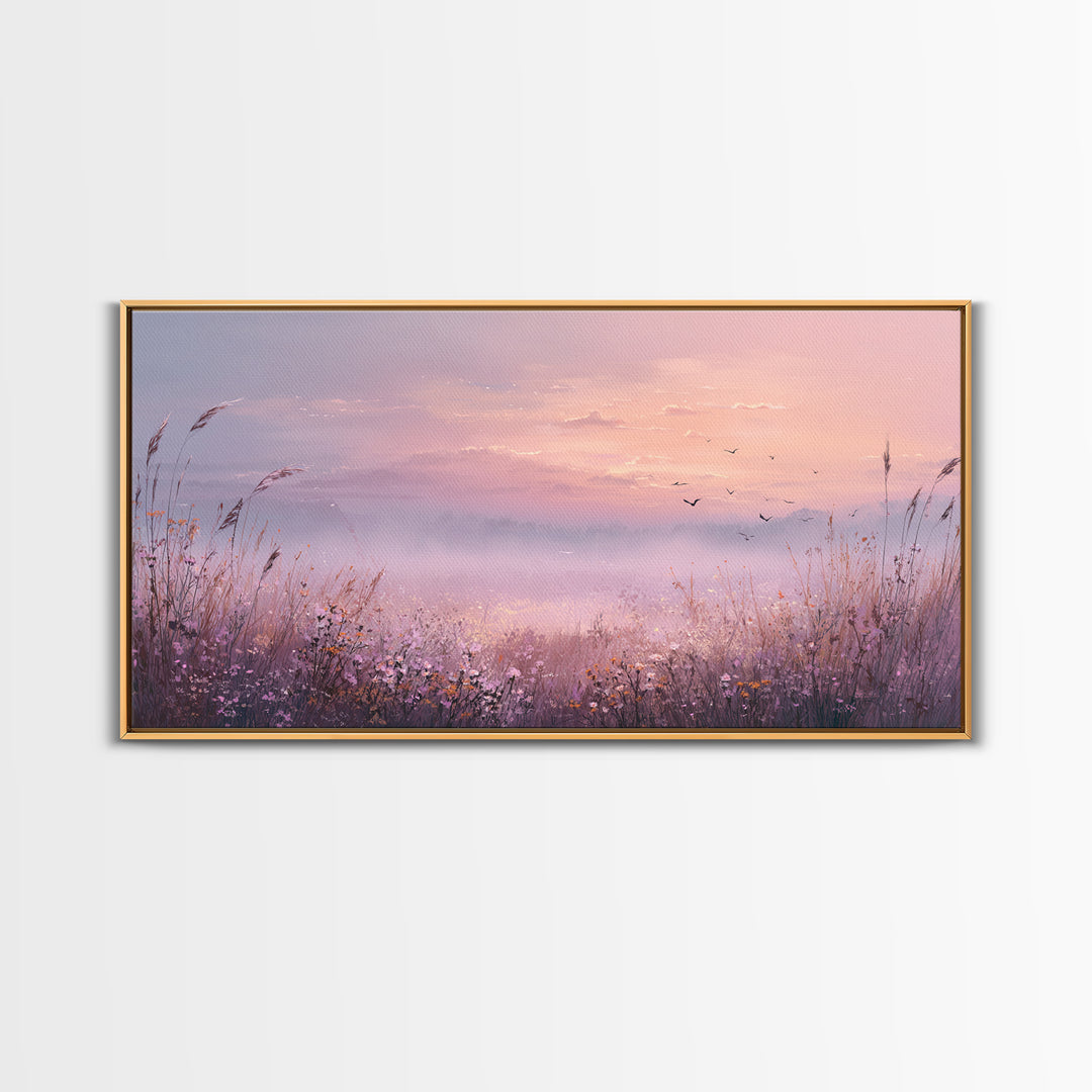 Misty Pink Sunrise Meadow Landscape Wall Art, Wildflower Canvas Print, Nature Wall Decor, Calming Bedroom Decor Gift For Her