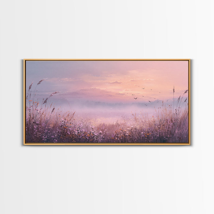 Misty Pink Sunrise Meadow Landscape Wall Art, Wildflower Canvas Print, Nature Wall Decor, Calming Bedroom Decor Gift For Her