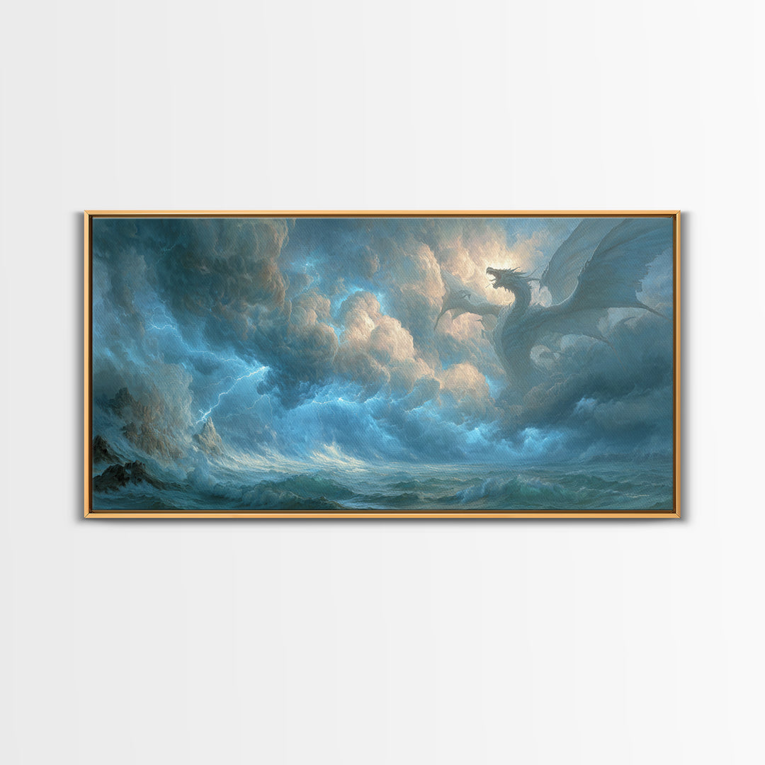 Storm Dragon Above Raging Ocean Canvas Print, Epic Fantasy Wall Art, Moody Seascape Decor For Living Room And Office Decor
