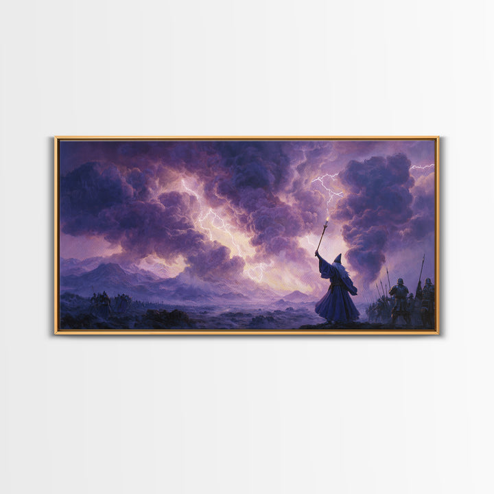 Wizard Lightning Storm Canvas Print, Epic Fantasy Wall Art, Dark Magic Battle Scene, Dramatic Landscape Decor For Game Room