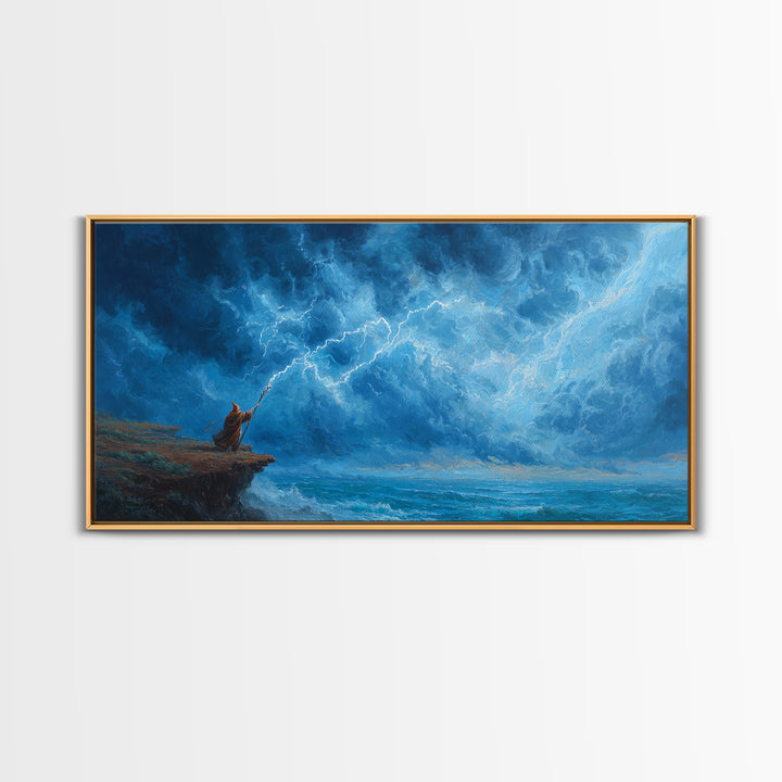 Lone Mage Facing Lightning Storm Wall Art, Fantasy Seascape Canvas, Blue Ocean Painting, Dramatic Large Wall Decor For Him