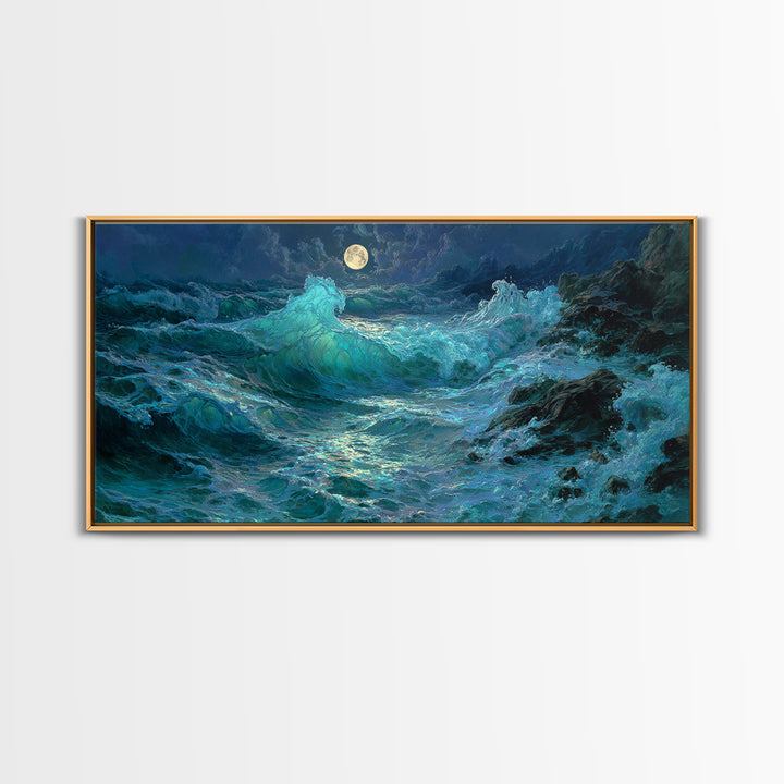 Moonlit Turquoise Ocean Waves Canvas Print, Coastal Wall Art, Seascape Painting, Nautical Decor, Moody Beach House Gift Idea