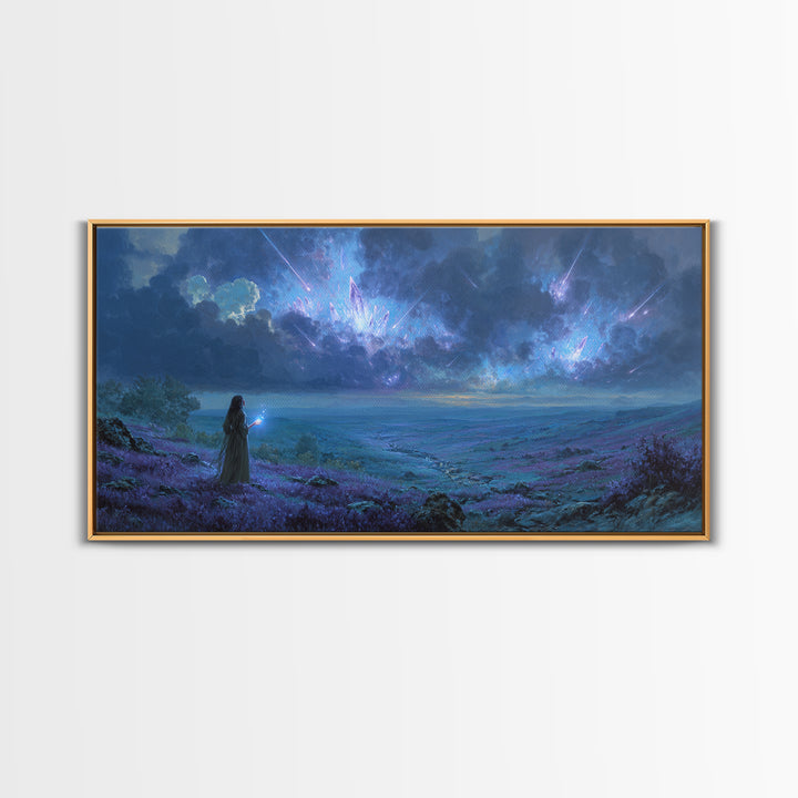 Cosmic Sorceress Under Meteor Sky Wall Art, Fantasy Landscape Canvas, Celestial Space Decor, Mystical Blue Home Decor Gift