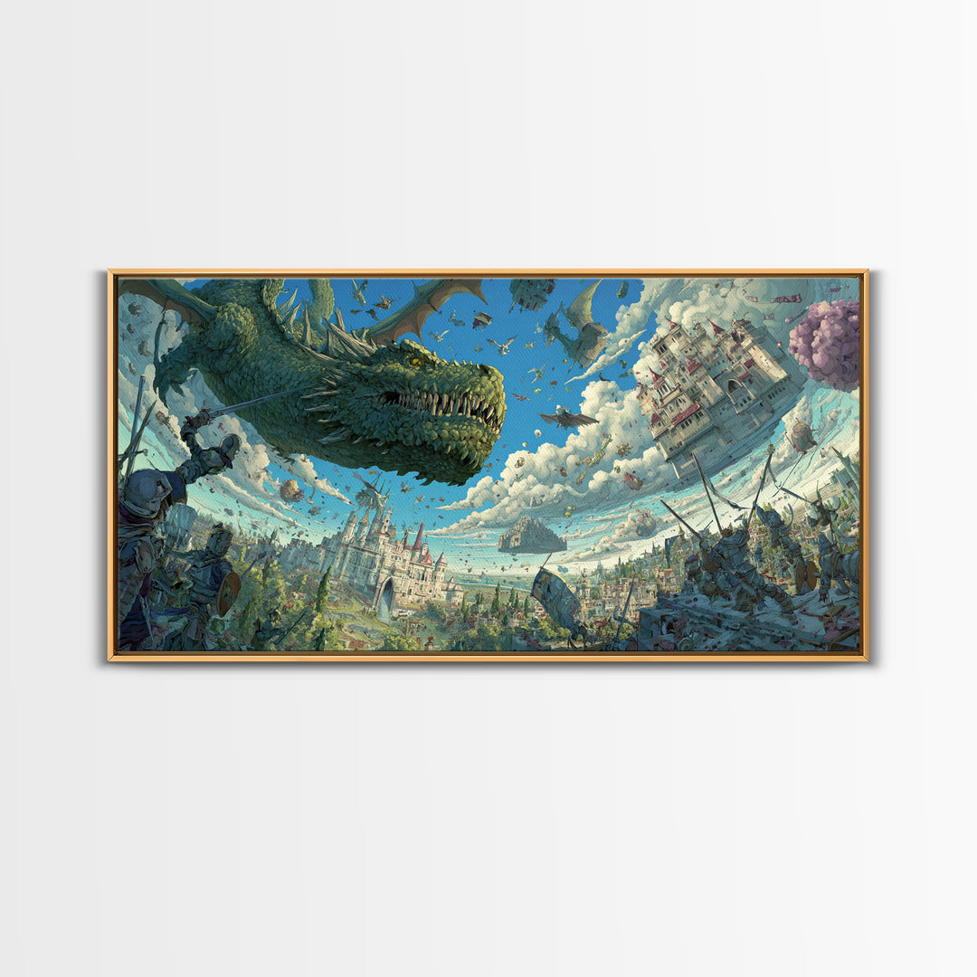 Skyborne Dragon Over Floating Castle Canvas Print, Whimsical Fantasy Wall Art, Surreal Art Print, Kids Room Decor, Nursery Decor