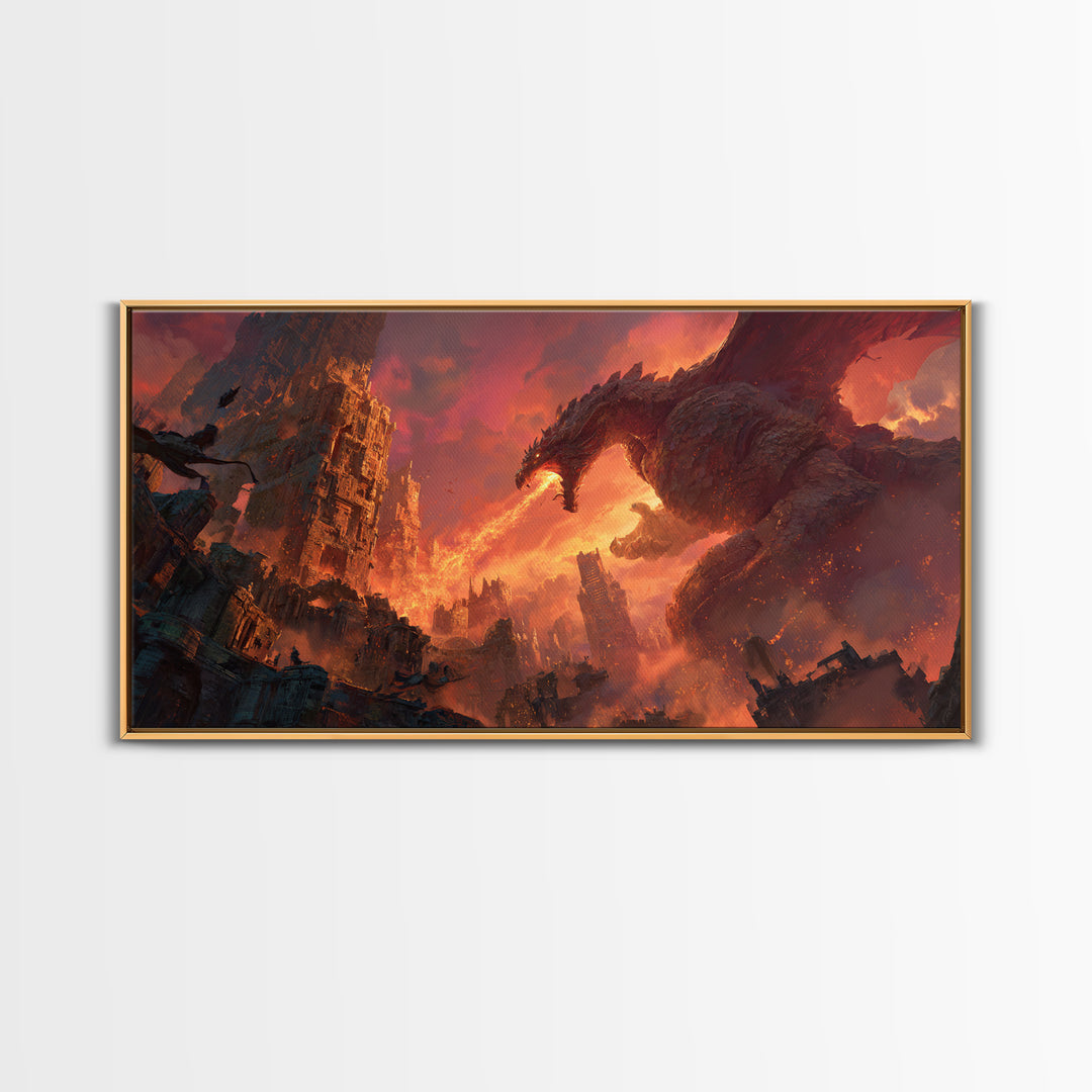 Fire Breathing Dragon Over Ruined City Canvas Print, Dark Fantasy Wall Art, Apocalyptic Decor, Gaming Room Statement Art