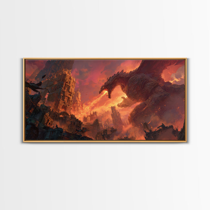 Fire Breathing Dragon Over Ruined City Canvas Print, Dark Fantasy Wall Art, Apocalyptic Decor, Gaming Room Statement Art