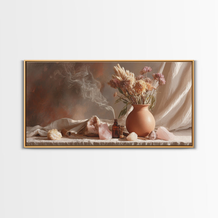 Dried Flowers And Rose Quartz Still Life Wall Art, Boho Apothecary Decor, Neutral Botanical Canvas Print, Gift For Her, Modern Home Decor