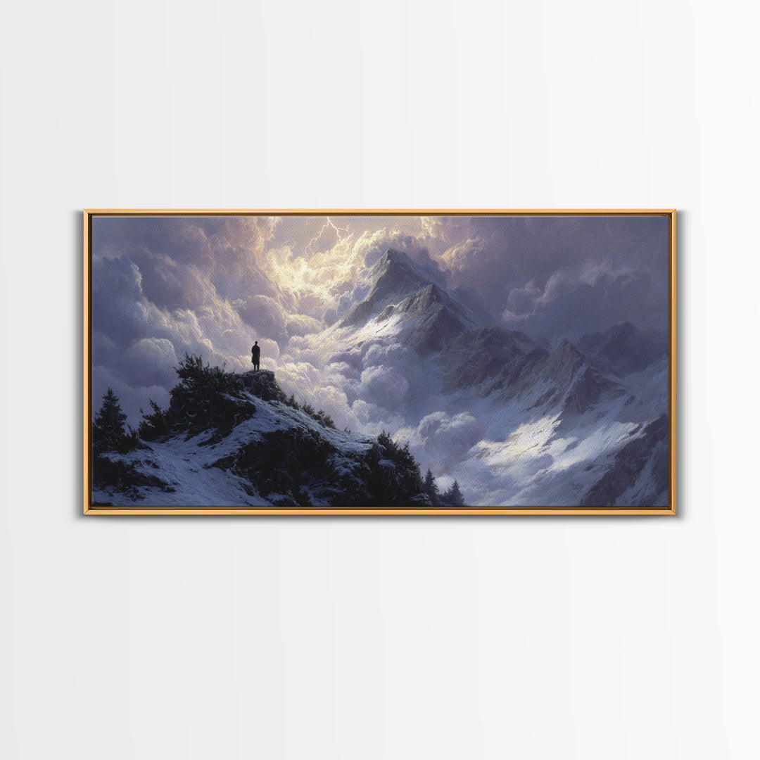 Stormy Snow Mountain Landscape Wall Art, Dramatic Alpine Canvas Print, Moody Nature Decor, Adventure Gift For Him, Living Room Decor