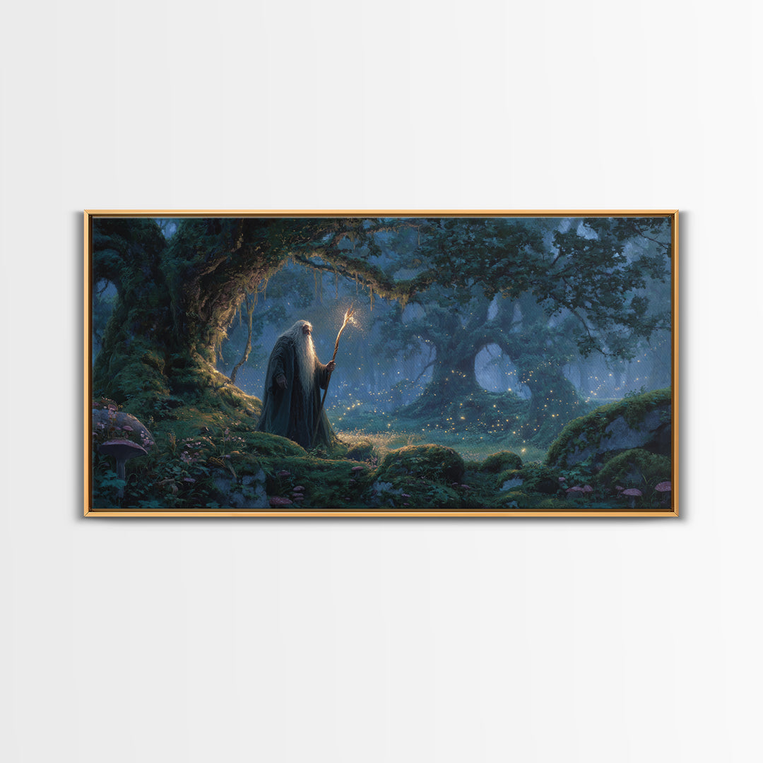 Wizard In Moonlit Enchanted Forest Canvas Print, Fantasy Wall Art, Magical Woodland Decor For Cozy Reading Nook Gift For Her