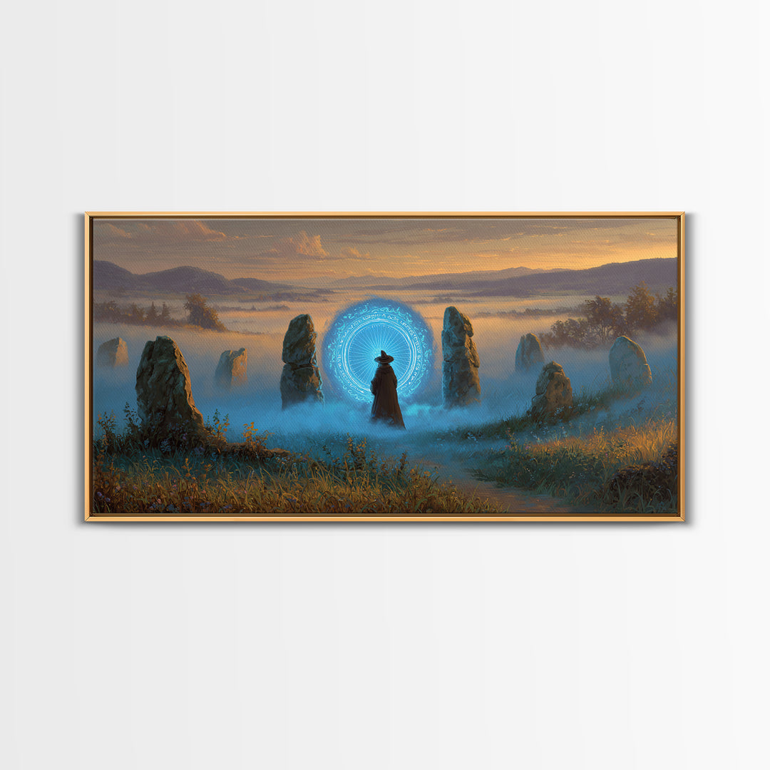 Mystic Portal Stone Circle Canvas Print, Blue Magical Landscape Wall Art, Fantasy Decor, Witchy Celestial Art Print Gift