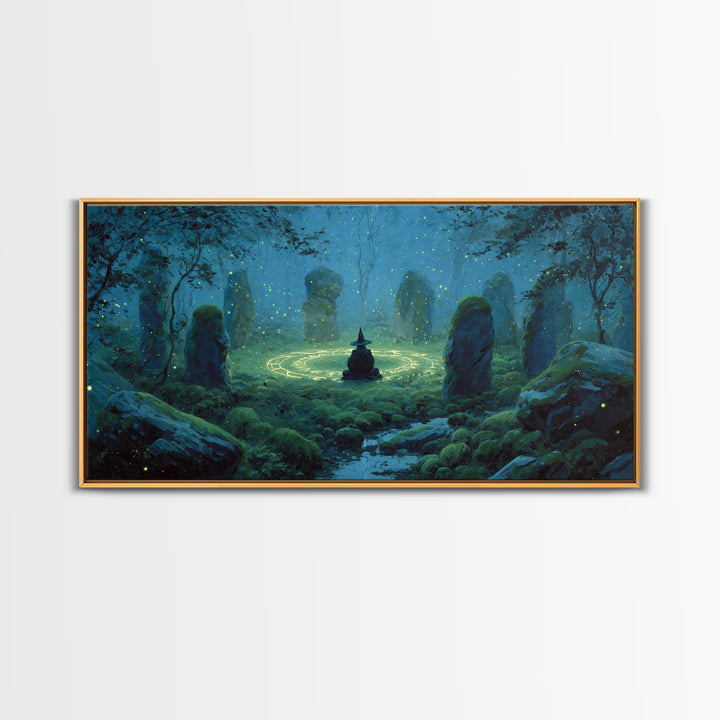 Glowing Stone Circle Witch In Enchanted Forest Canvas Print, Mystical Wall Art, Pagan Decor, Magical Nursery Art, Whimsical Home Decor