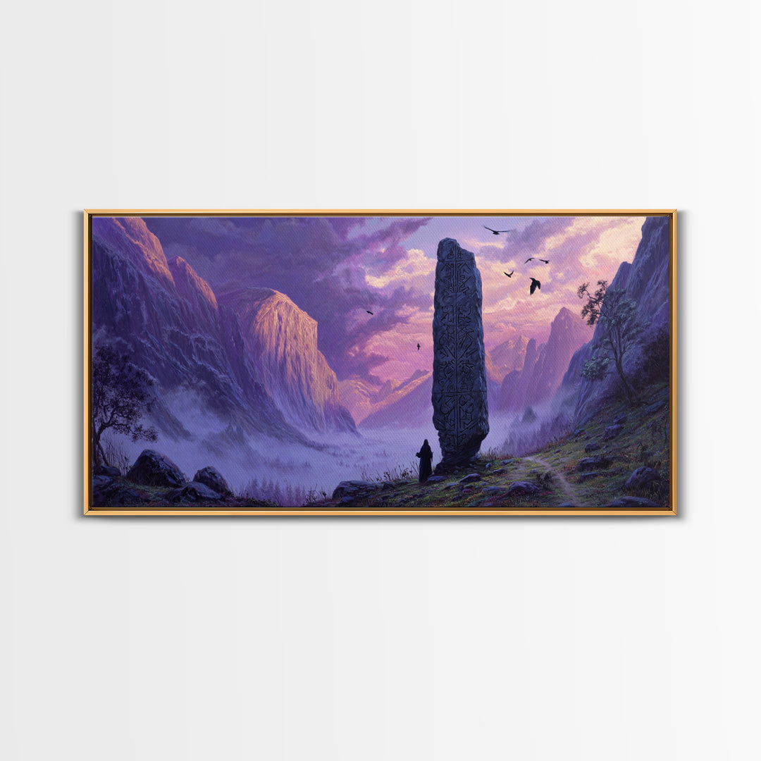 Ancient Rune Monolith Mountain Valley Canvas Print, Epic Fantasy Landscape Wall Decor, Purple Mist Adventure Art For Game Room