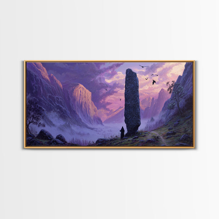 Ancient Rune Monolith Mountain Valley Canvas Print, Epic Fantasy Landscape Wall Decor, Purple Mist Adventure Art For Game Room