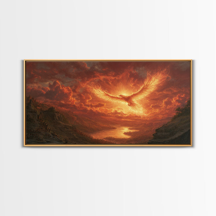 Fiery Phoenix Over Epic Valley Canvas Print, Fantasy Wall Art, Mythical Bird Painting For Gaming Room And Dramatic Home Decor