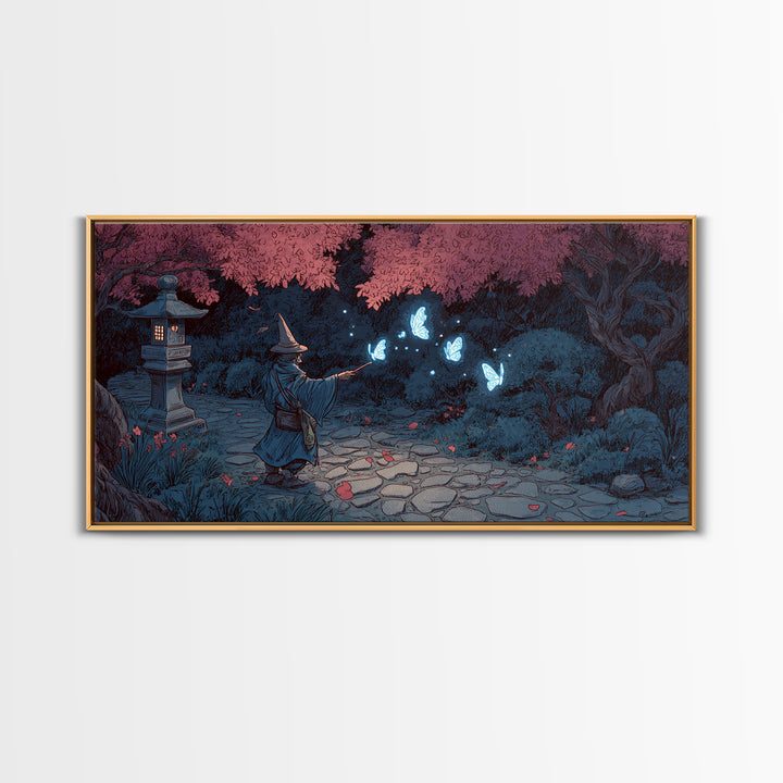 Wizard In Cherry Blossom Garden Wall Art, Magical Blue Butterfly Canvas Print, Japanese Fantasy Decor For Kids Room And Nursery