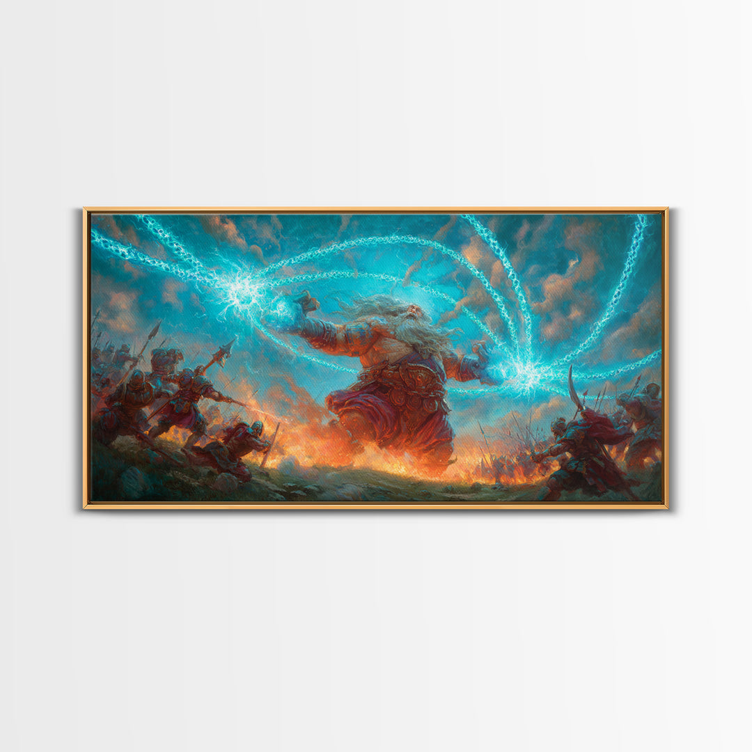 Giant Storm Mage Casting Lightning Canvas Print, Epic Fantasy Wall Art For Gaming Room Decor And Dramatic Statement Artwork