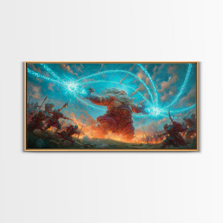Giant Storm Mage Casting Lightning Canvas Print, Epic Fantasy Wall Art For Gaming Room Decor And Dramatic Statement Artwork