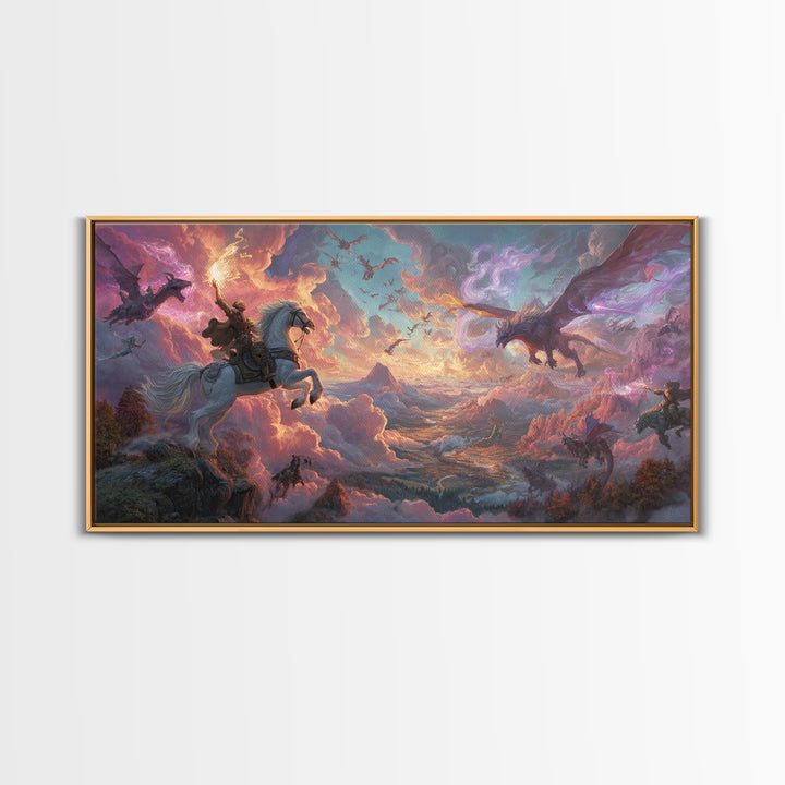 Knight And Dragons Battle Wall Art, Winged Fantasy Sky Canvas, Epic Medieval Adventure Decor, Large Mythical Art Print Gift