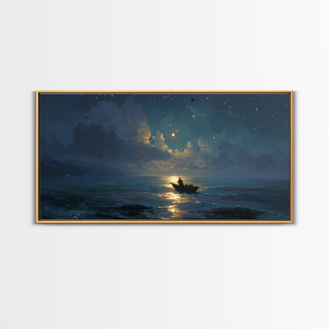 Moonlit Ocean Boat Under Starry Sky Wall Art, Celestial Seascape Canvas Print, Nautical Decor, Romantic Coastal Artwork Gift