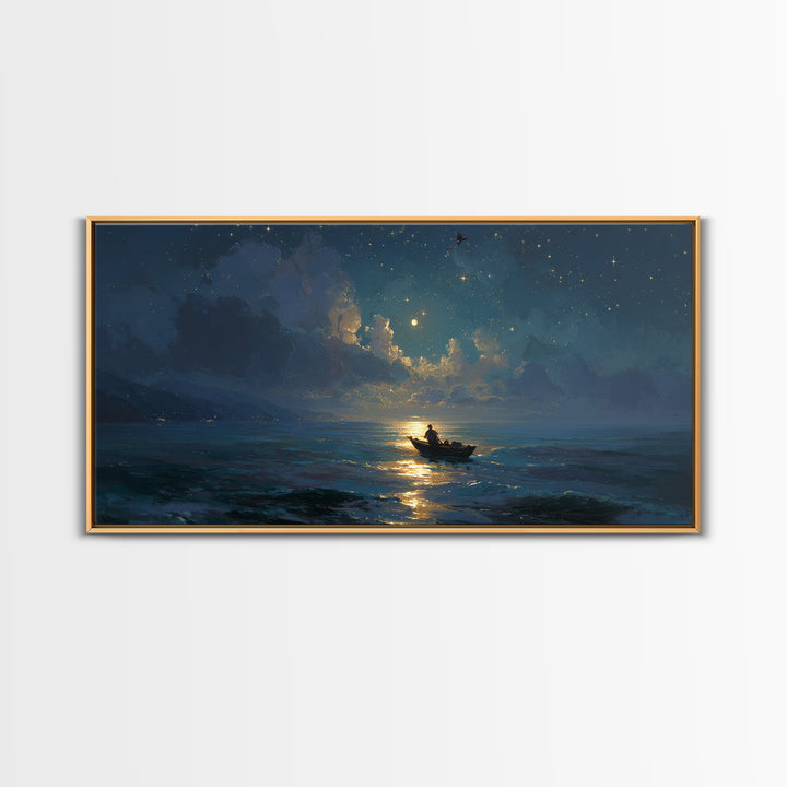 Moonlit Ocean Boat Under Starry Sky Wall Art, Celestial Seascape Canvas Print, Nautical Decor, Romantic Coastal Artwork Gift