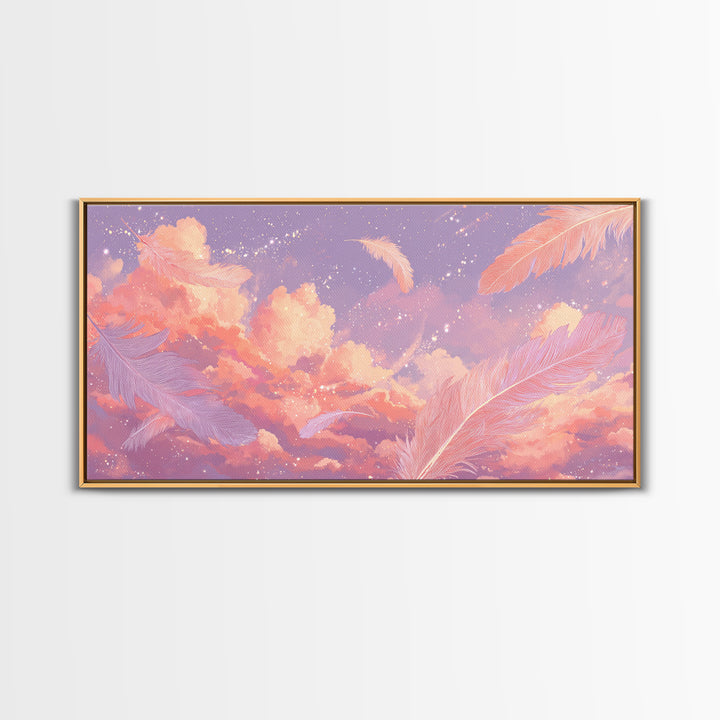 Peach Pink Cloudscape With Feathers Wall Art, Celestial Pastel Sky Canvas Print, Dreamy Nursery And Bedroom Decor, Gift For Her