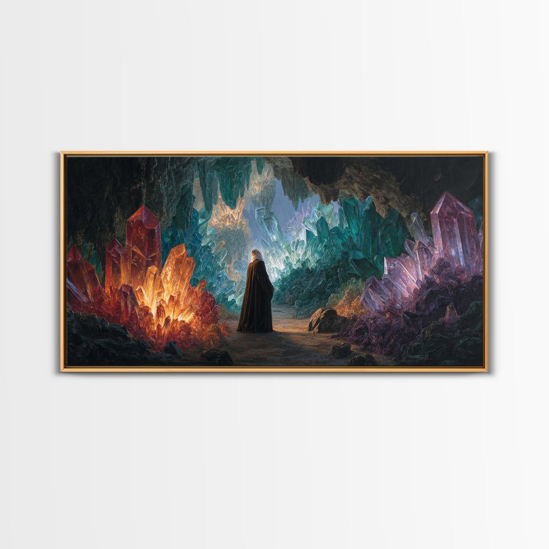 Glowing Crystal Cavern Wall Art, Fantasy Cave Canvas Print, Jewel Tone Decor, Mystical Landscape, Unique Gift For Her Decor