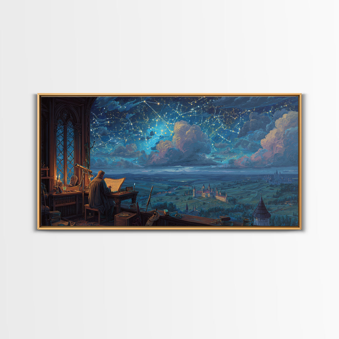 Scholar Studying A Starry Medieval Sky Wall Art, Gothic Library Decor, Fantasy Castle Landscape, Dark Academia Print, Book Lover Gift