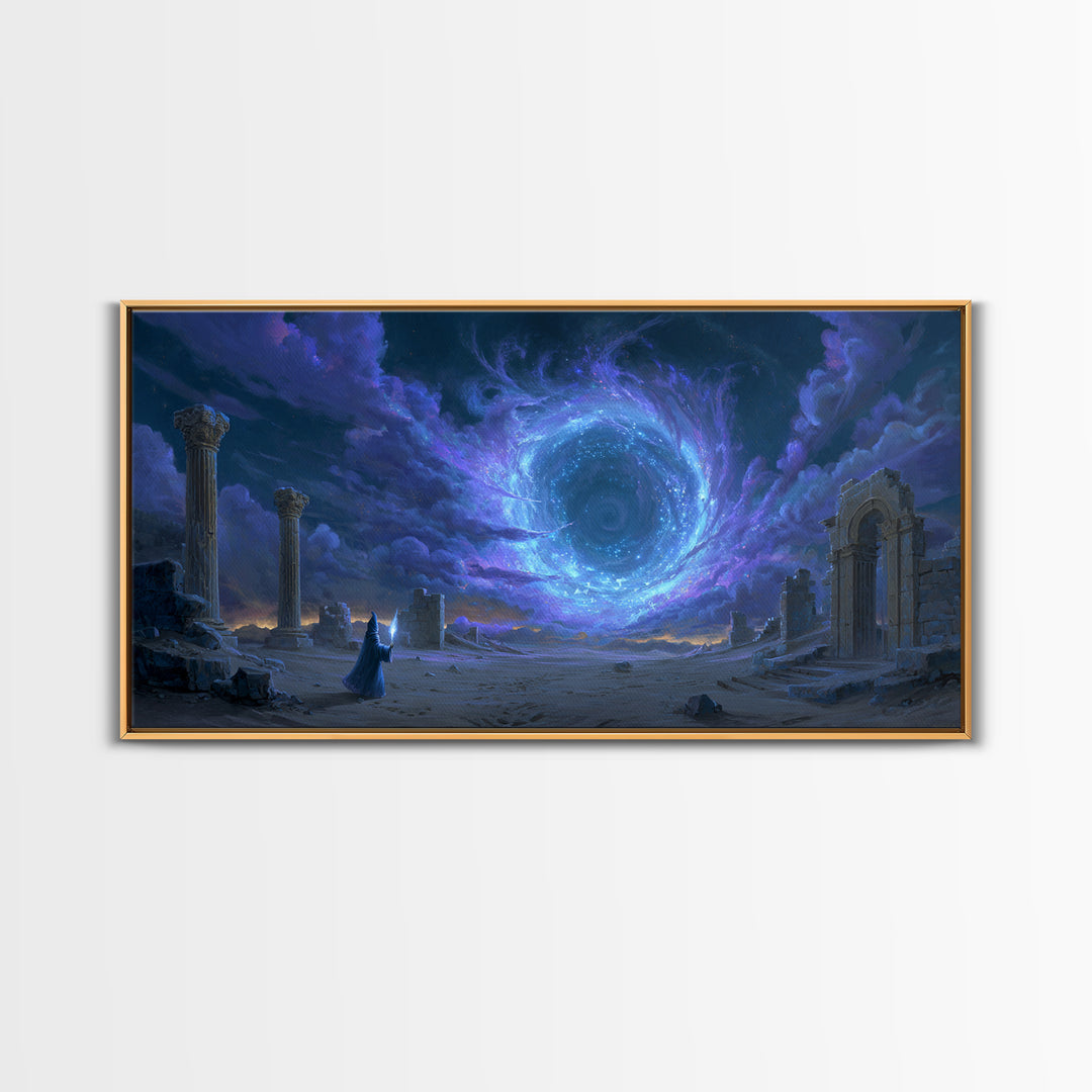 Wizard Portal Ruins Wall Art, Cosmic Vortex Fantasy Canvas, Mystical Dark Magic Decor, Surreal Landscape Art Print For Game Room